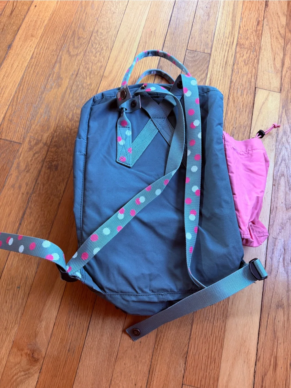 Fjallraven gray and pink polka dot backpack